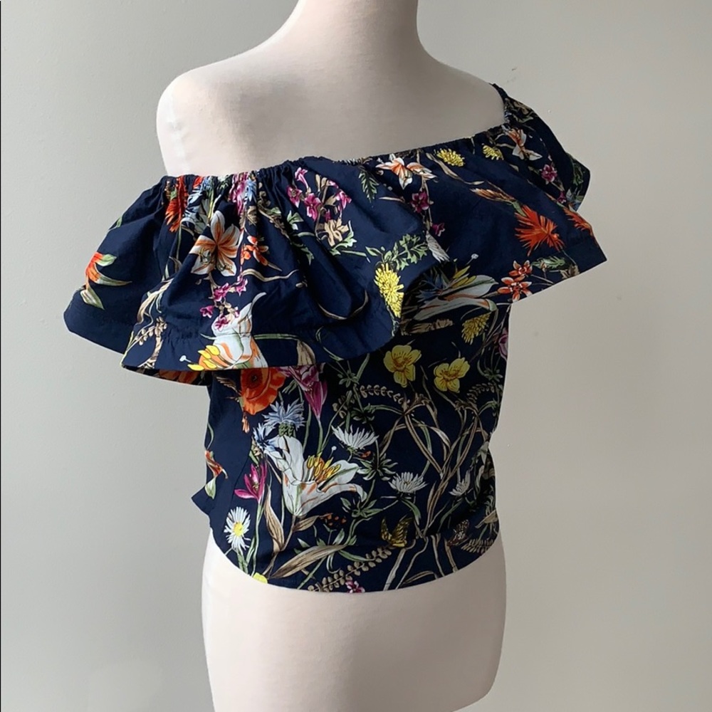 Floral Cotton Top Off the shoulder, Ruffle, Blue,S